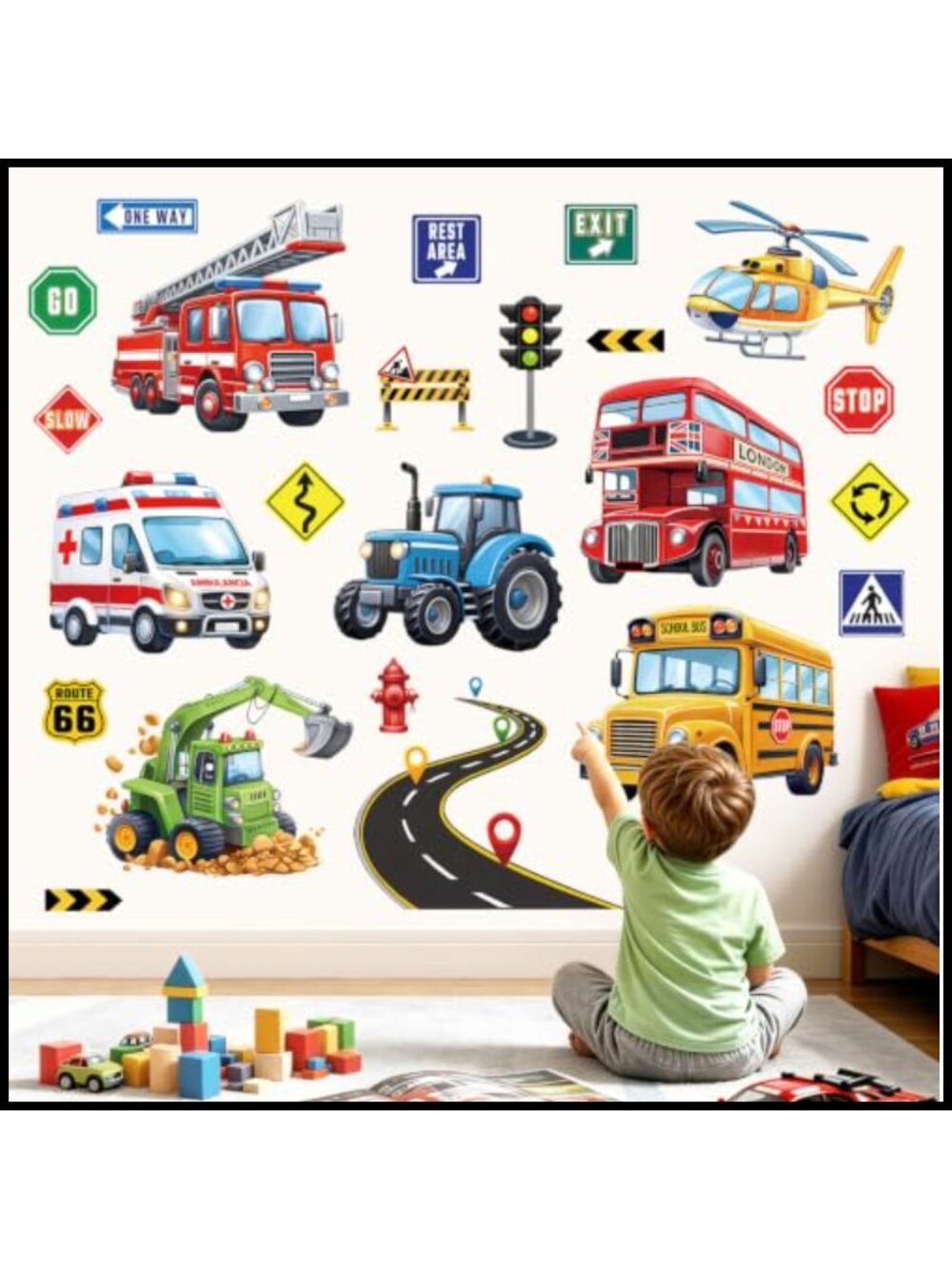 Transportation Construction Vehicle Road Wall Decal Stickers Peel and Stick PVC